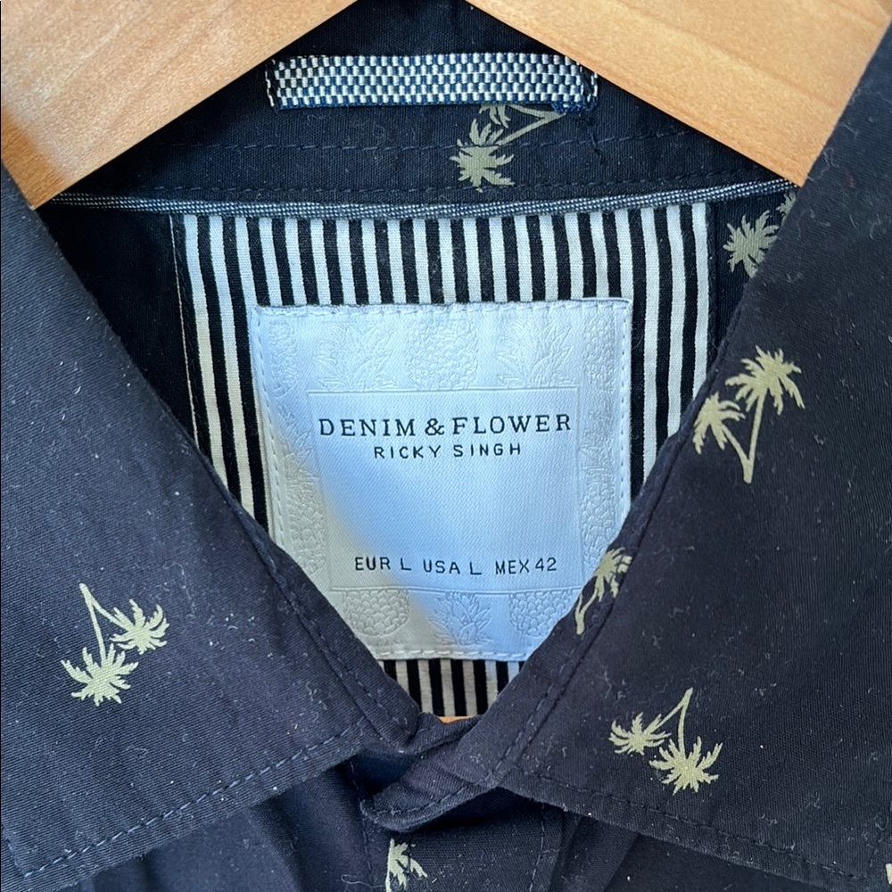 Denim & Flower Black Casual Button Down Shirt with Subtle Palm Tree Pattern